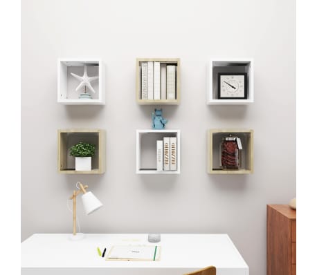 vidaXL Sieninės lentynos, 6vnt., baltos ir ąžuolo, 30x15x30cm