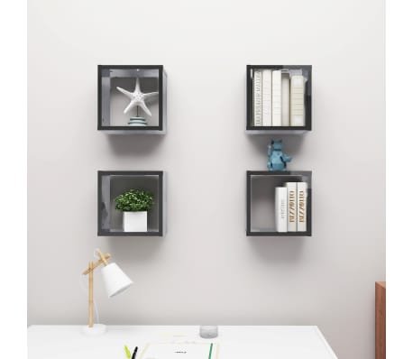 vidaXL &Eacute;tag&egrave;res cube murales 4 pcs gris brillant 30x15x30 cm