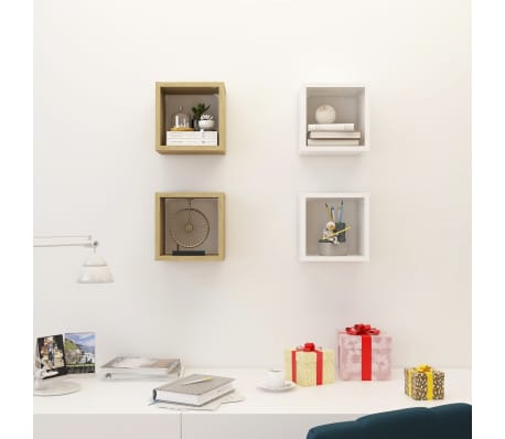 vidaXL Wall Cube Shelves 4 pcs White and Sonoma Oak 22x15x22 cm