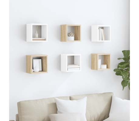 vidaXL Wandschappen kubus 6 st 22x15x22 cm wit en sonoma eikenkleurig