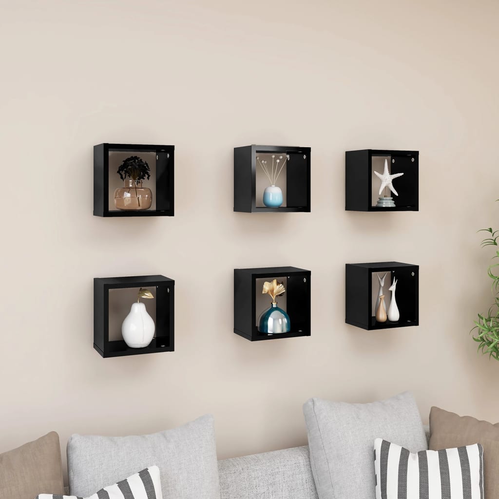 vidaXL Étagères cube murales 6 pcs Noir brillant 22x15x22 cm