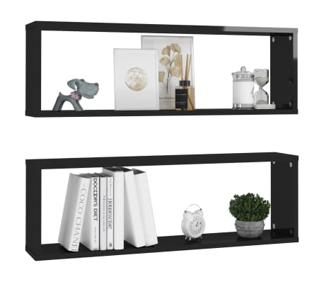 vidaXL Ράφια Κύβοι Τοίχου 2 τεμ. Γυαλ. Μαύρο 80x15x26,5εκ. Μοριοσανίδα