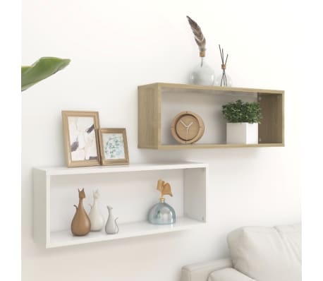 vidaXL Vegghyller kubeformet 2 stk hvit og sonoma eik konstruert tre