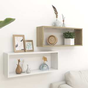 vidaXL Vegghyller kubeformet 2 stk hvit og sonoma eik konstruert tre