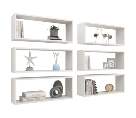 vidaXL Rafturi de perete cub, 6 buc., alb extralucios, 60x15x23cm lemn