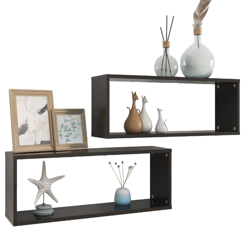 vidaXL Wall Cube Shelf 2 pcs High Gloss Black 60x15x23 cm Engineered Wood