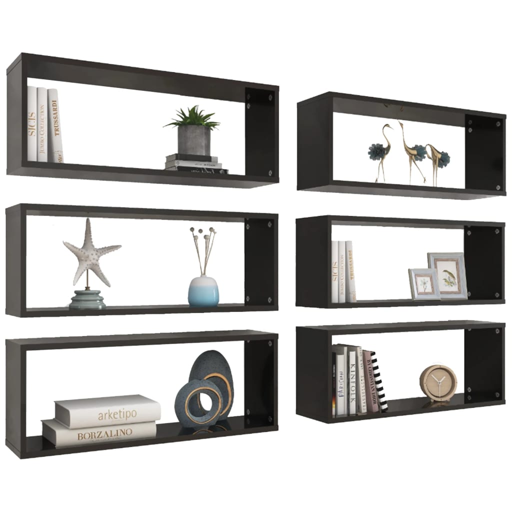 vidaXL Wall Cube Shelf 6 pcs High Gloss Black 60x15x23 cm Engineered Wood