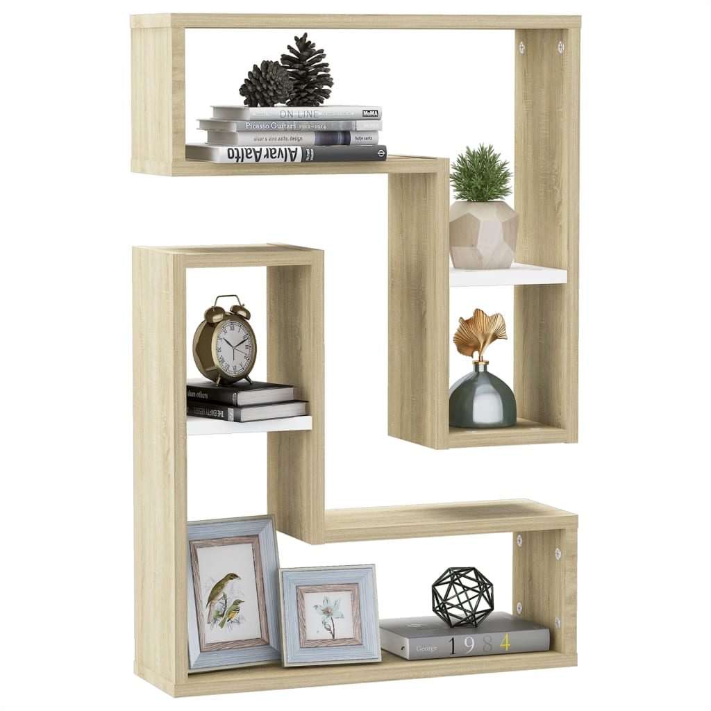 vidaXL Wall Shelf 2 pcs White and Sonoma Oak 50x15x50 cm Engineered Wood