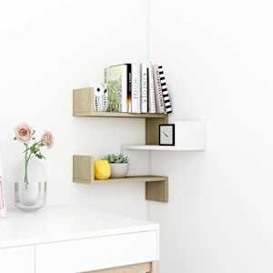 vidaXL Sieninė kampinė lentyna, balta/ąžuolo, 40x40x50cm, mediena