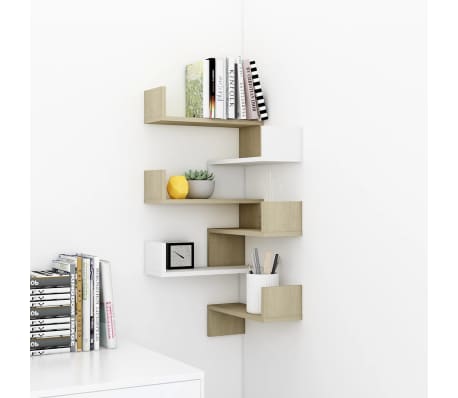 vidaXL Sieninės kampinės lentynos, 2vnt., baltos/ąžuolo, 40x40x50cm