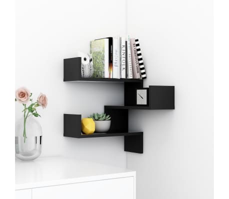 vidaXL Narożna p&oacute;łka ścienna, czarna z połyskiem, 40x40x50 cm