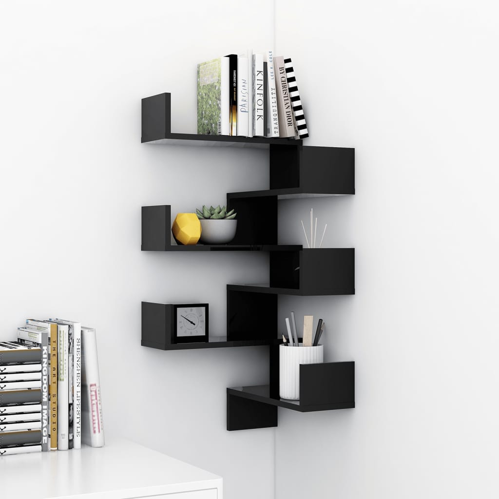 vidaXL Wall Corner Shelf 2 pcs High Gloss Black 40x40x50 cm Engineered Wood