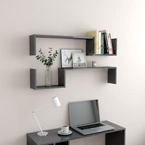 vidaXL Sieninės lentynos, 2vnt., pilkos, 100x15x20cm, MDP, blizgios