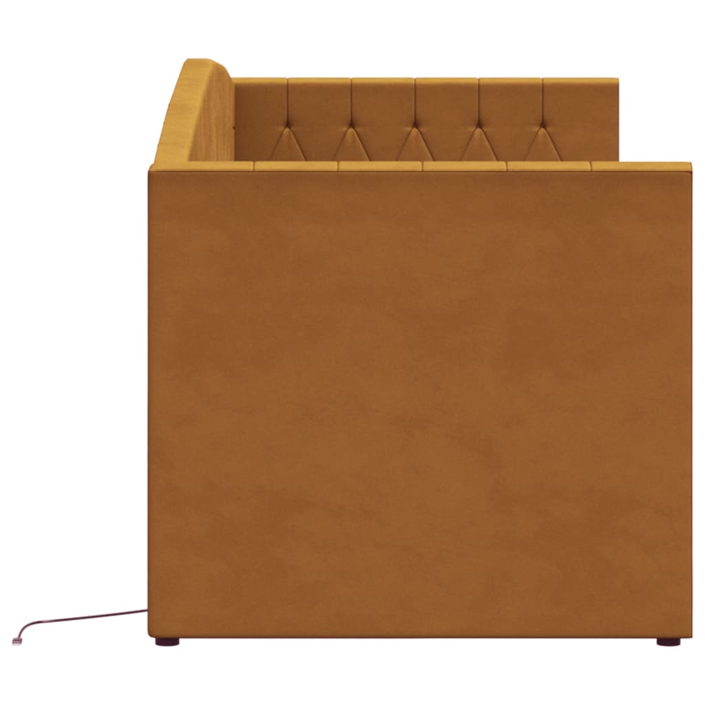 Rama łóżka z USB, brązowa, obita aksamitem, 90x200 cm