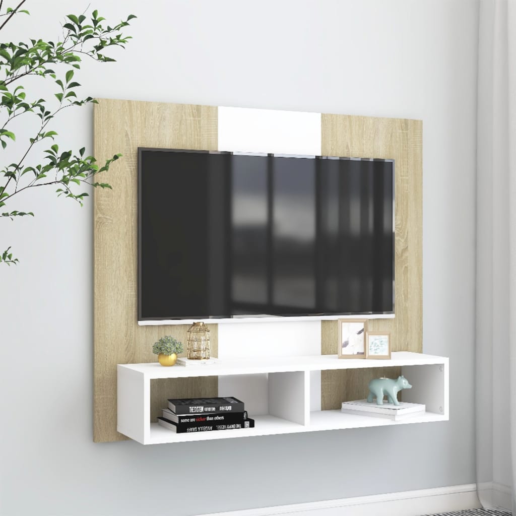 vidaXL Comodă TV de perete, alb și stejar sonoma, 102x23,5x90 cm, PAL