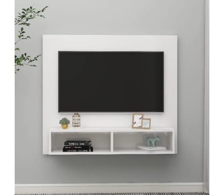 vidaXL sienas TV plaukts, spīdīgi balts, 102x23,5x90 cm, skaidu plātne