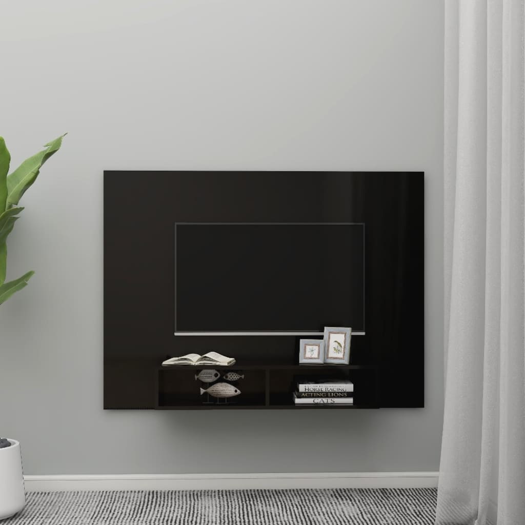 Meuble TV mural Noir brillant 135×23,5×90 cm Aggloméré | meublestv.fr 4