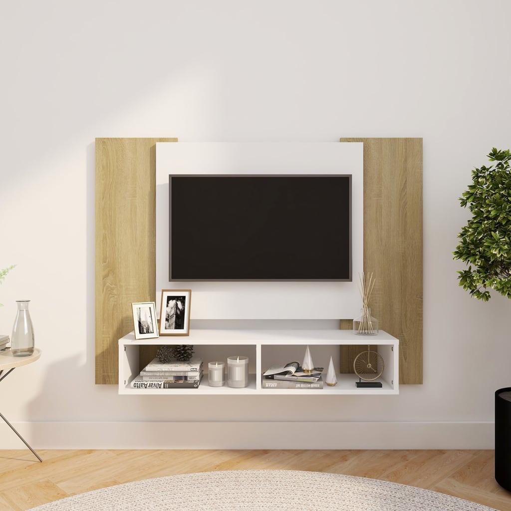 Meuble TV mural Blanc et chêne Sonoma 120×23,5×90 cm Aggloméré | meublestv.fr 2