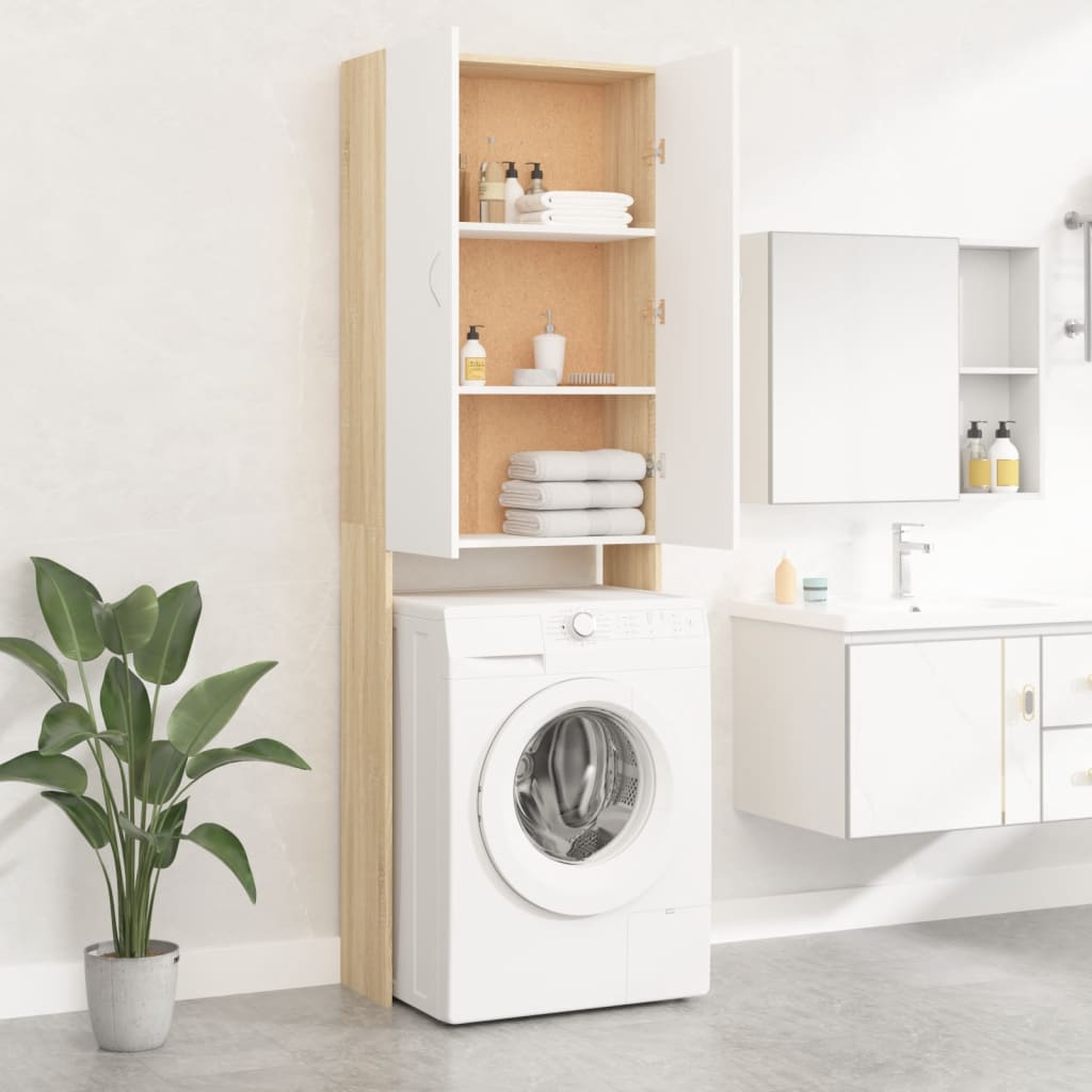 Fehér és sonoma-tölgy mosógépszekrény 64 x 25,5 x 190 cm 
