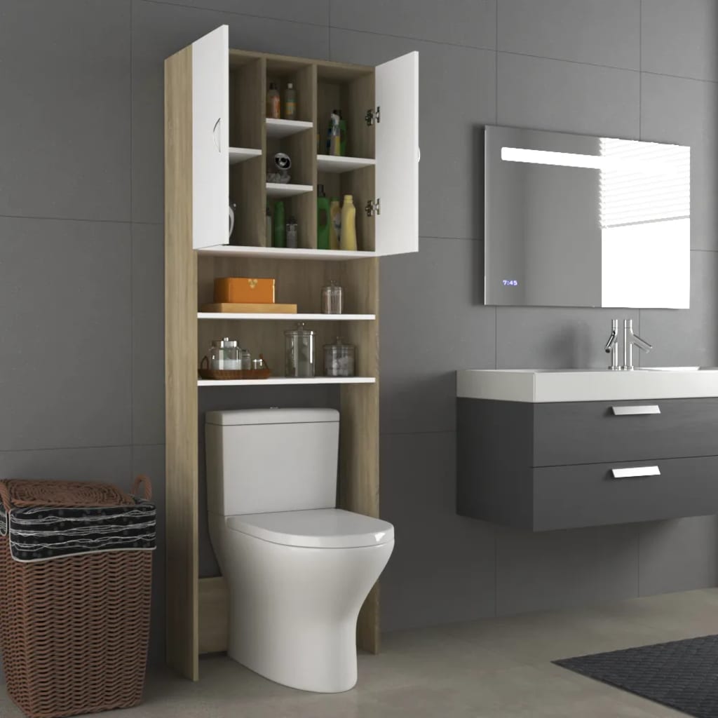 Meuble Dessus Toilette WC ou Machine à Laver en Blanc avec Etagère de  Rangement 64x25,5x190 cm en aggloméré -JID