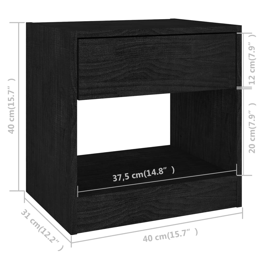 Noptieră, negru, 40x31x40 cm, lemn masiv de pin