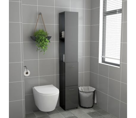 vidaXL Шкаф за баня, сив гланц, 25x26,5x170 см, инженерно дърво