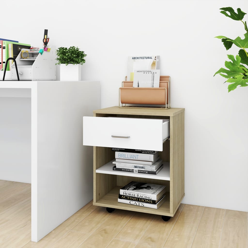

vidaXL Kast verrijdbaar 46x36x59 cm spaanplaat wit sonoma eikenkleurig