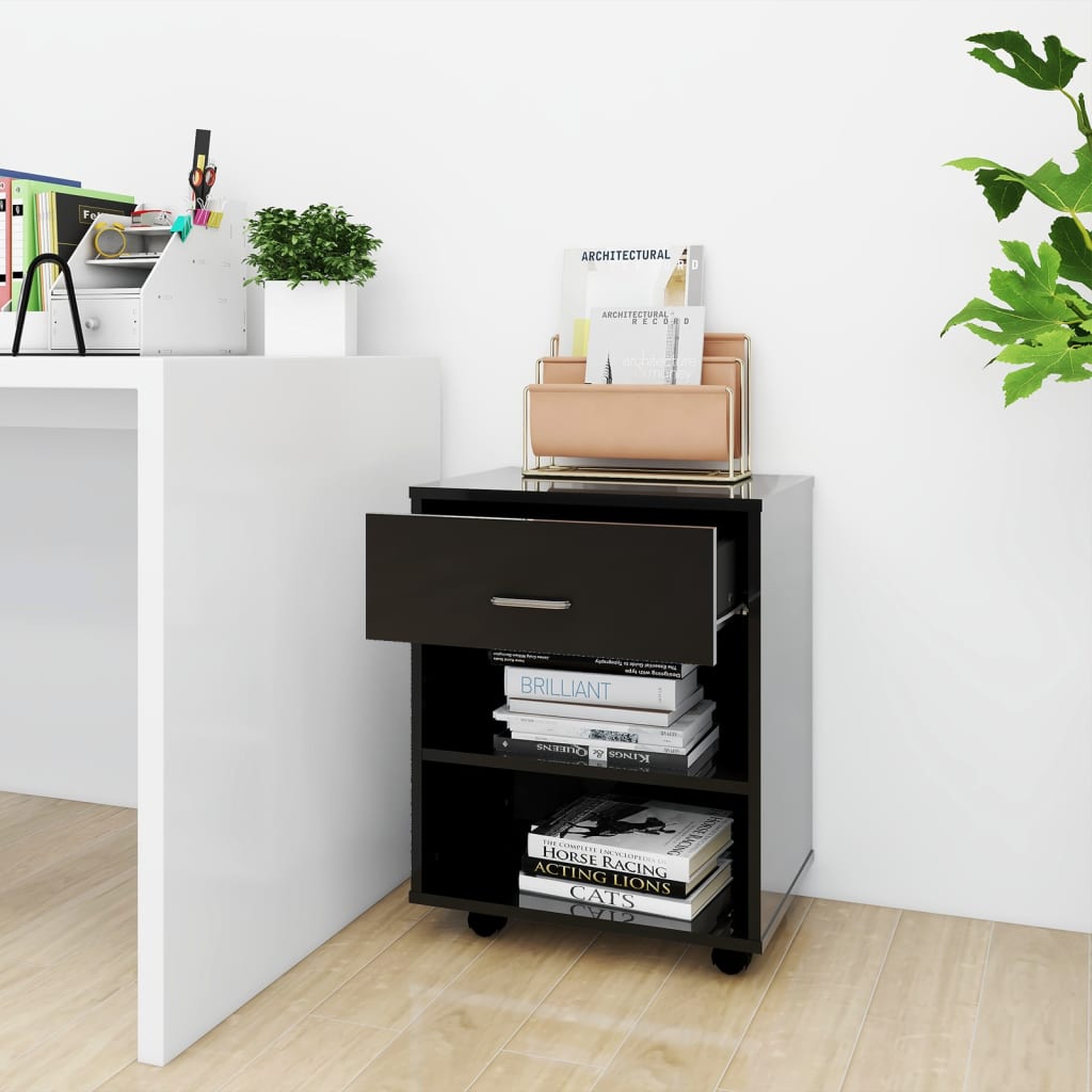 vidaXL Rolling Cabinet High Gloss Black 46x36x59 cm Engineered Wood