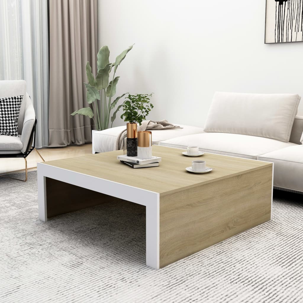 vidaXL kafijas galdiņš, balts, ozolkoka, 100x100x35 cm, skaidu plāksne