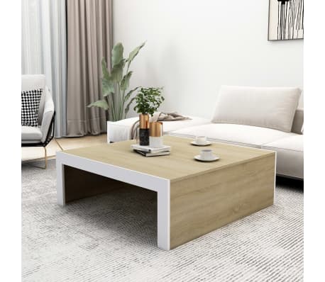 vidaXL Mesa de centro madera contrachapada blanco y roble 100x100x35cm