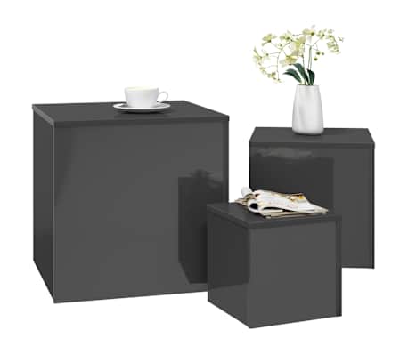 vidaXL Sidebord 3 stk h&oslash;yglans gr&aring; sponplate