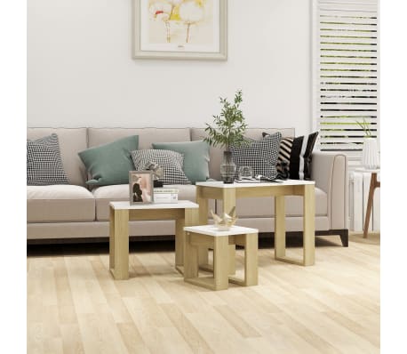 vidaXL 3 db sonoma-tölgy és fehér szerelt fa egymásba tolható asztal