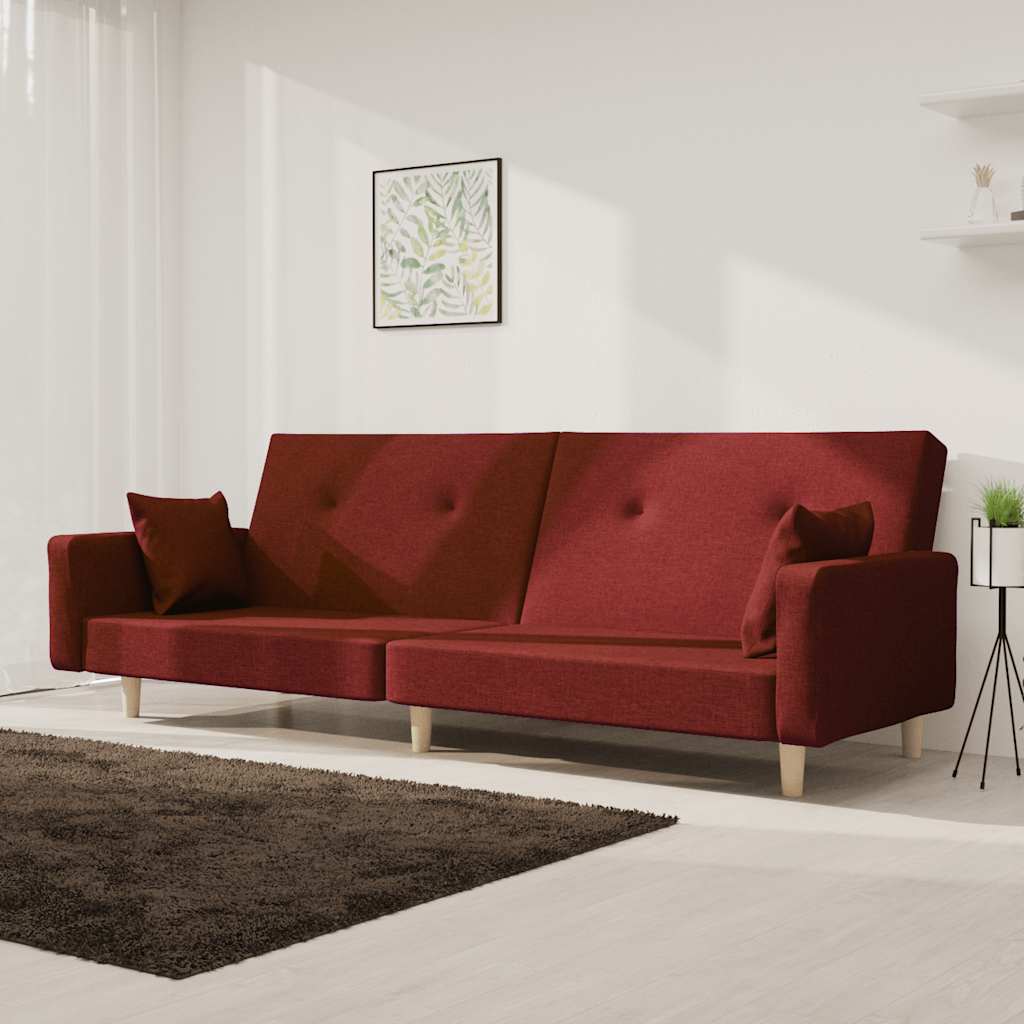 vidaXL Sofá-cama 2 lugares com duas almofadas tecido vermelho tinto