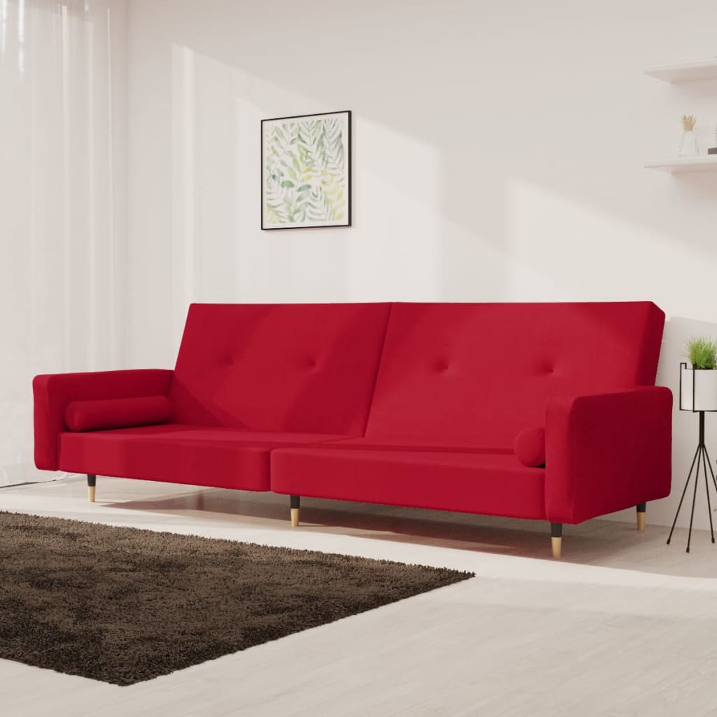 vidaXL Sofá-cama 2 lugares com duas almofadas veludo vermelho tinto