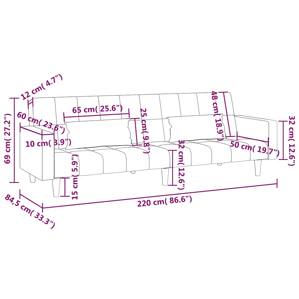 kétszemélyes tópszínű szövet kanapéágy két párnával