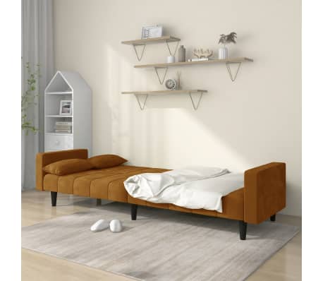 vidaXL Canapé-lit à 2 places avec deux oreillers Marron Velours