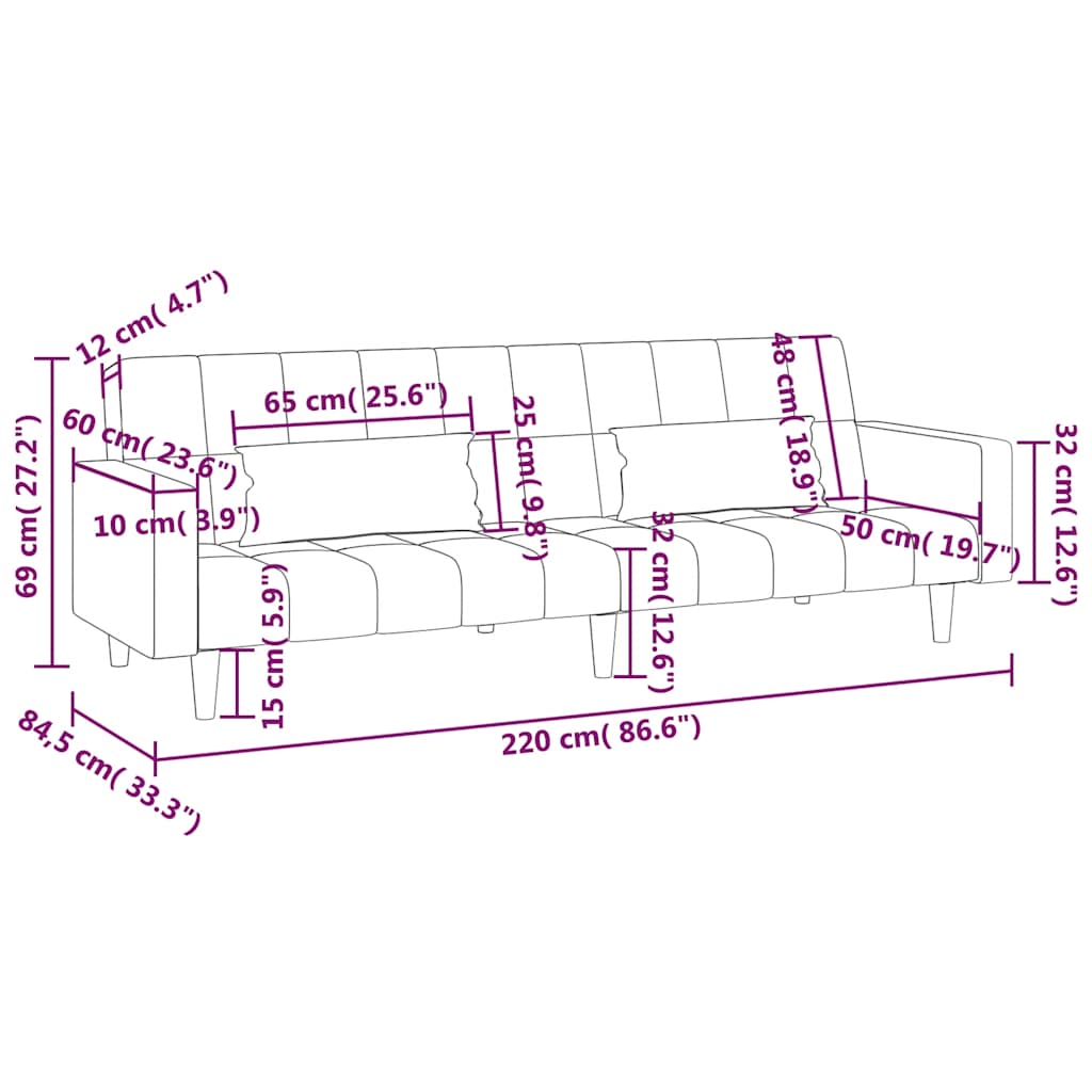 kétszemélyes krémszínű bársony kanapéágy két párnával