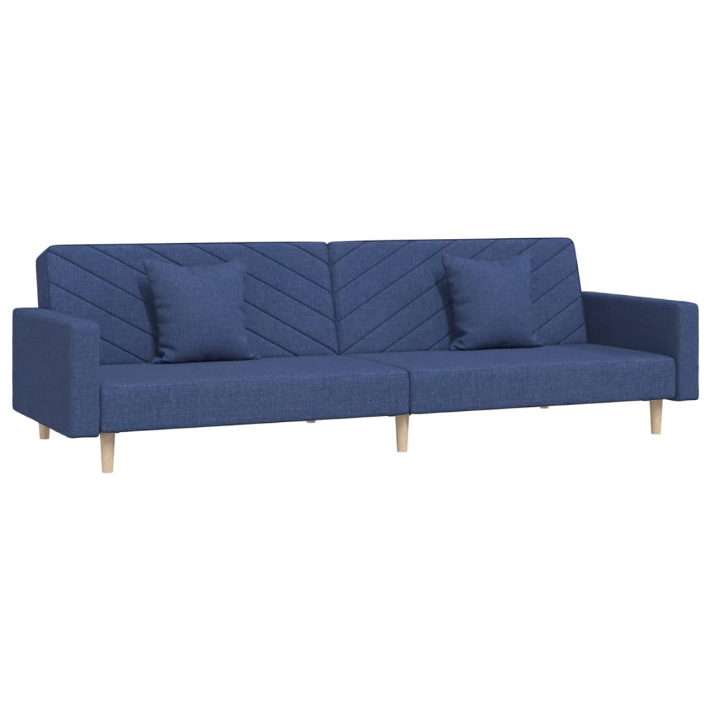 Kétszemélyes kék szövet kanapéágy két párnával 
