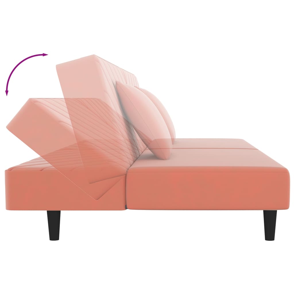 Kétszemélyes rózsaszín bársony kanapéágy két párnával 