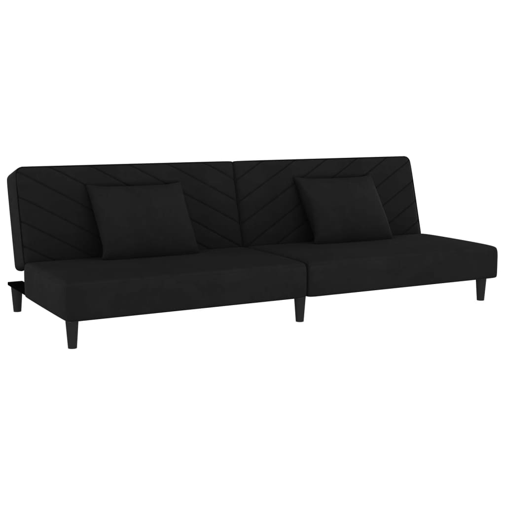 Kétszemélyes fekete bársony kanapéágy két párnával 