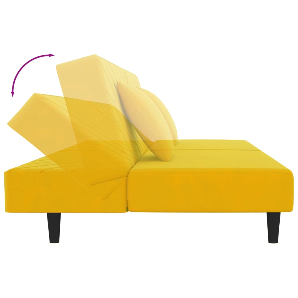 Kétszemélyes sárga bársony kanapéágy két párnával 