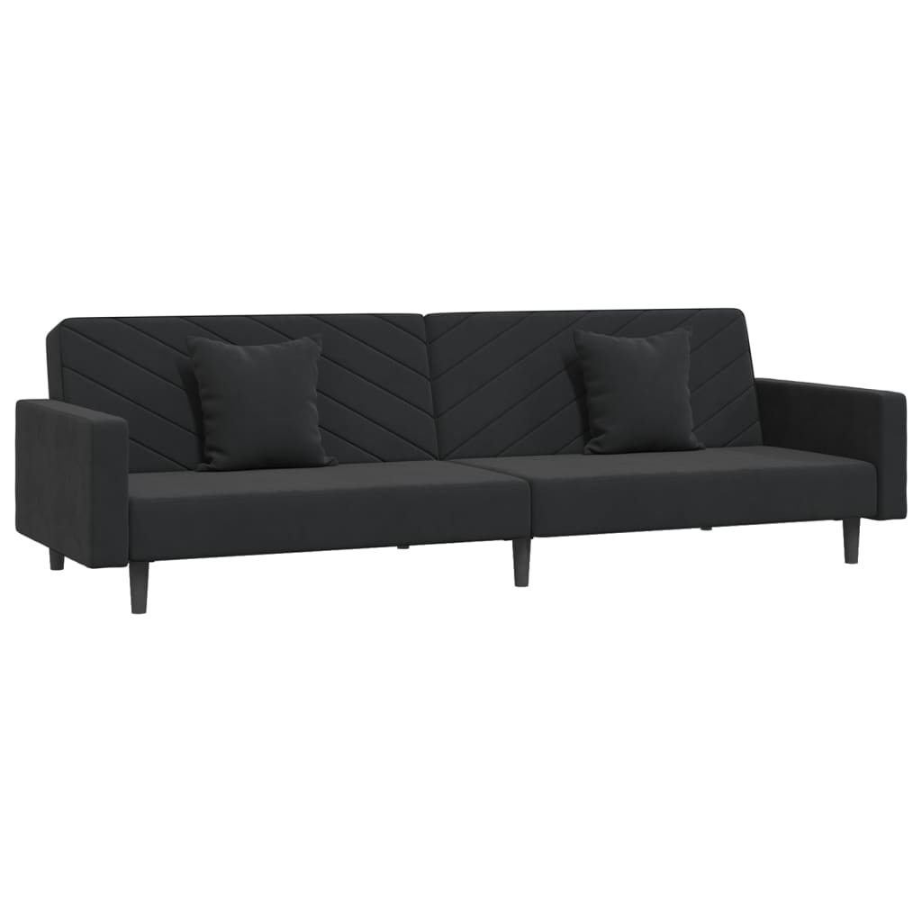 Kétszemélyes fekete bársony kanapéágy két párnával 
