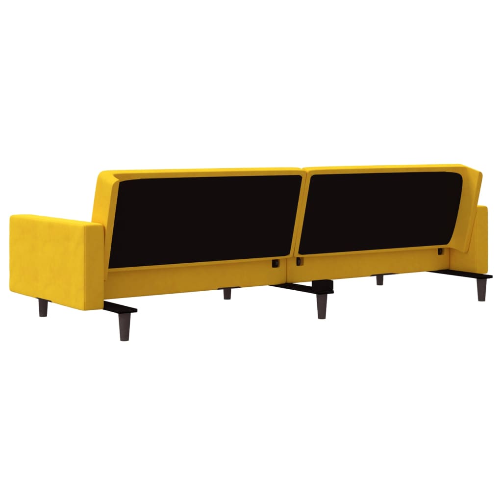 Kétszemélyes sárga bársony kanapéágy két párnával 