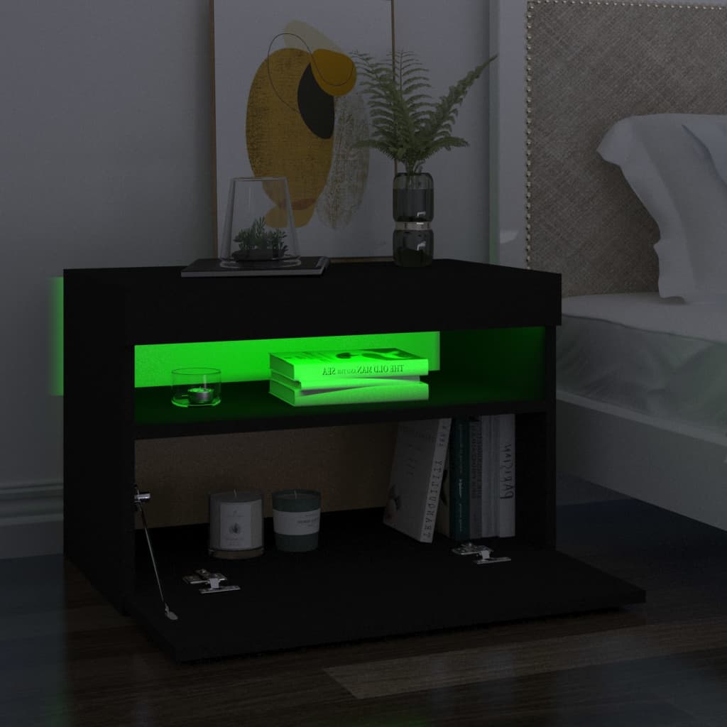 vidaXL fekete éjjeliszekrény LED-lámpákkal 60x35x40 cm szerelt fa