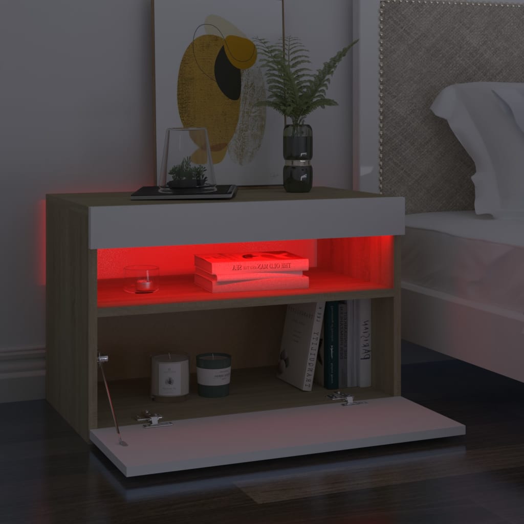 vidaXL Bedside Cabinet & LED Lights White and Sonoma Oak 60x35x40 cm