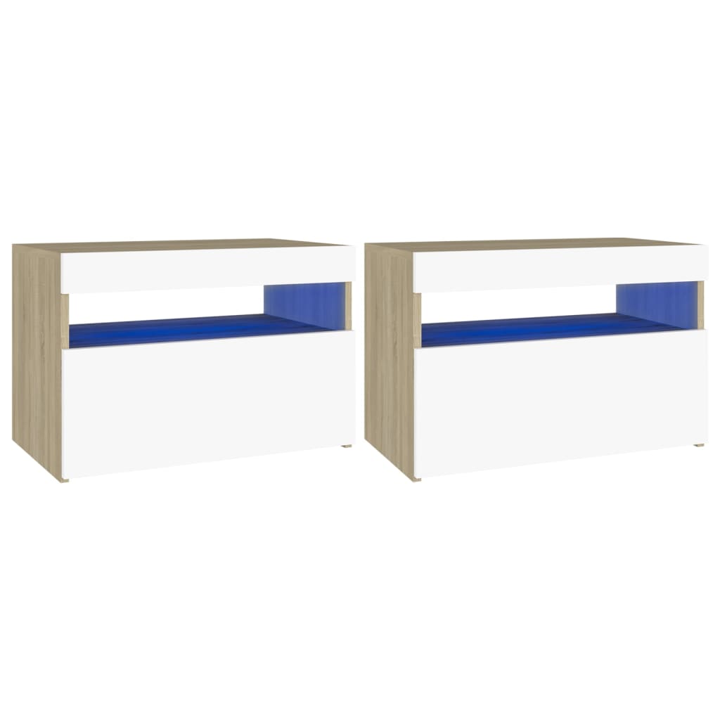 

vidaXL Bedside Cabinet & LED Lights 2 pcs White and Sonoma Oak 24"x14"x16"