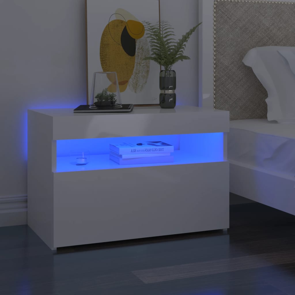 vidaXL sengebord med LED-lys 2 stk. 60x35x40 cm hvid højglans