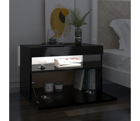 vidaXL Nattbord & LED-lys høyglans svart 60x35x40 cm