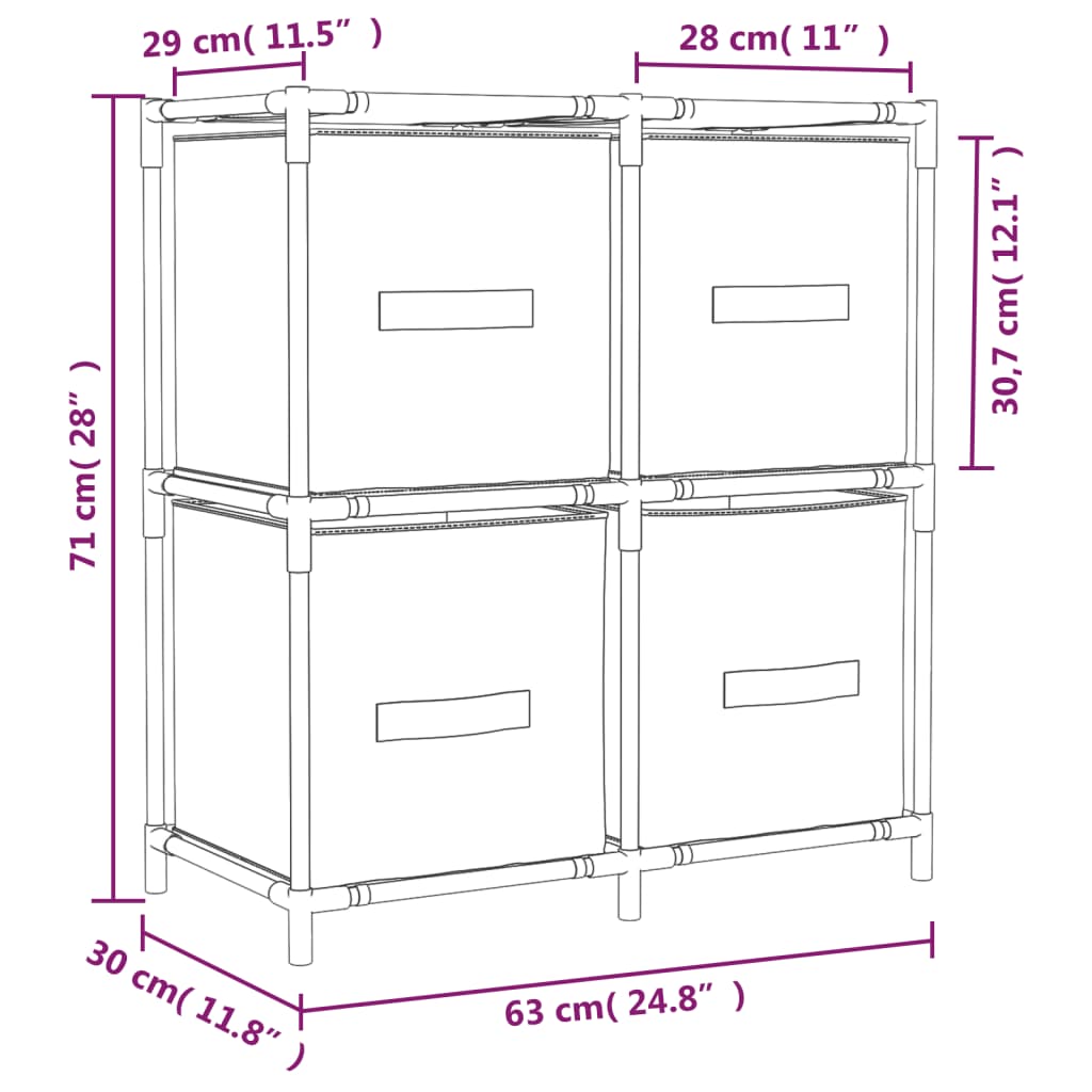 imagem de vidaXL Armário de arrumação com 4 cestos tecido 63x30x71 cm aço creme8