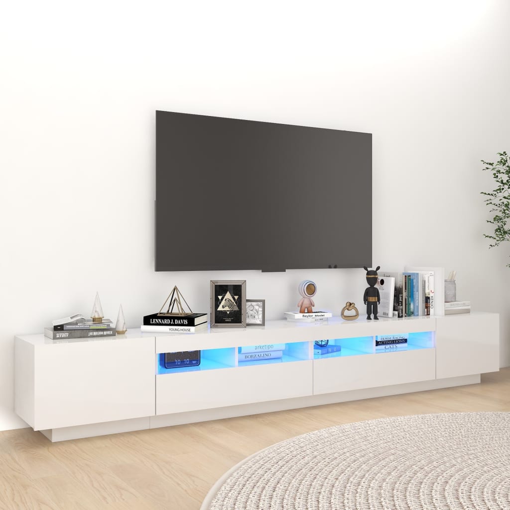 vidaXL Comodă TV cu lumini LED, alb extra lucios, 260x35x40 cm